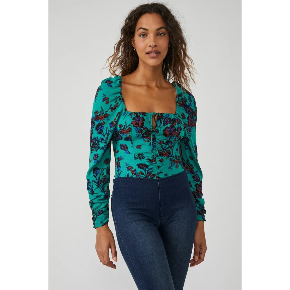 Free People NWT Hilary Printed Top Keyhole Neck Tie Ruched Back Green Medium New